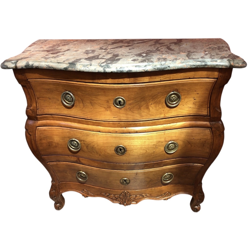 Commode 18è De Port Bois Naturel Ouvrant Trois Tiroirs Reposant Pieds Galbés Dessus Marbre 4