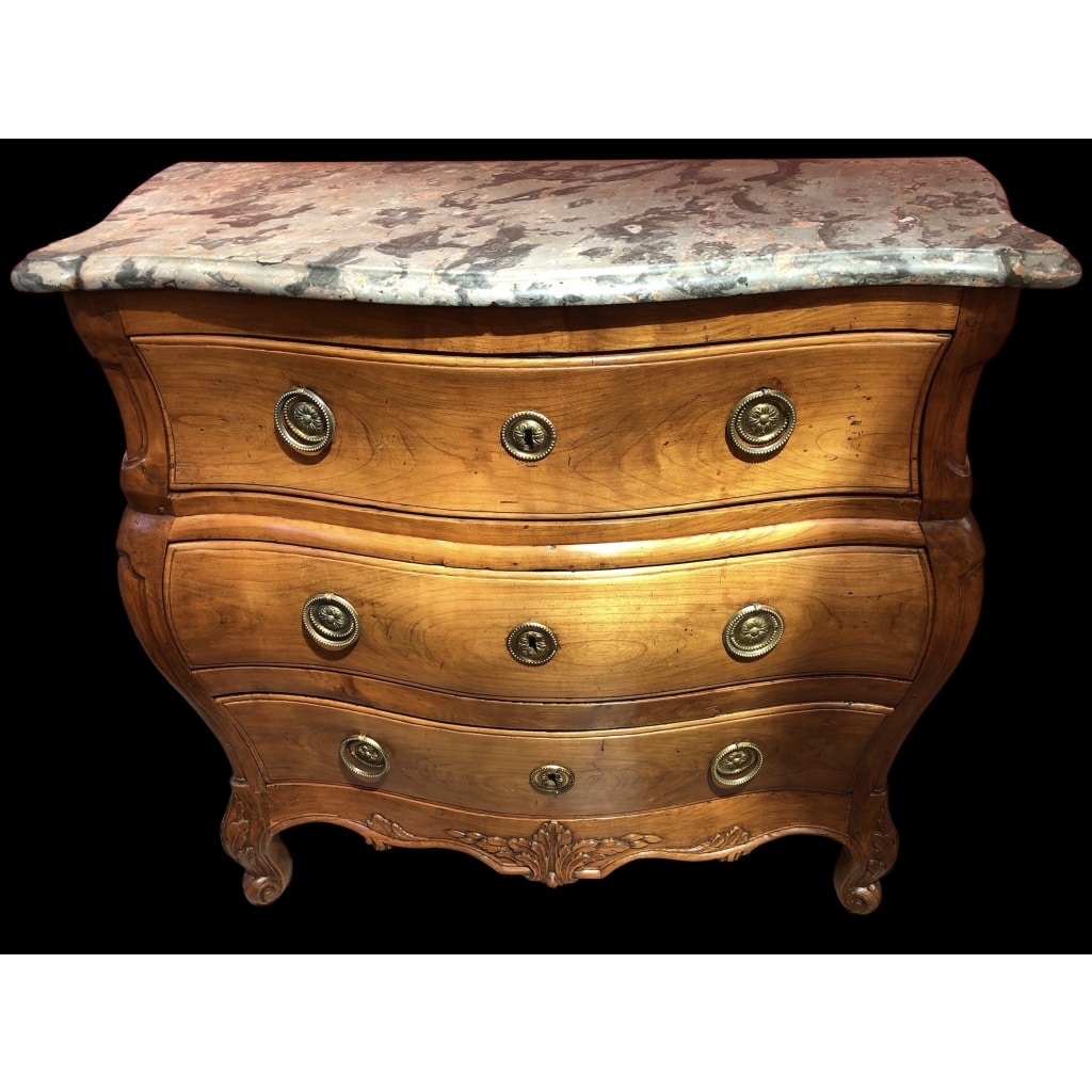 Commode 18è De Port Bois Naturel Ouvrant Trois Tiroirs Reposant Pieds Galbés Dessus Marbre 3