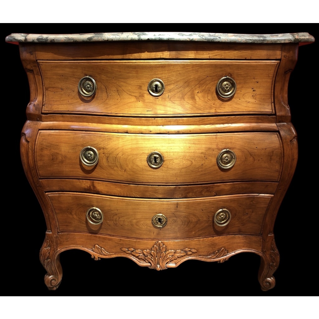 Commode 18è De Port Bois Naturel Ouvrant Trois Tiroirs Reposant Pieds Galbés Dessus Marbre 10