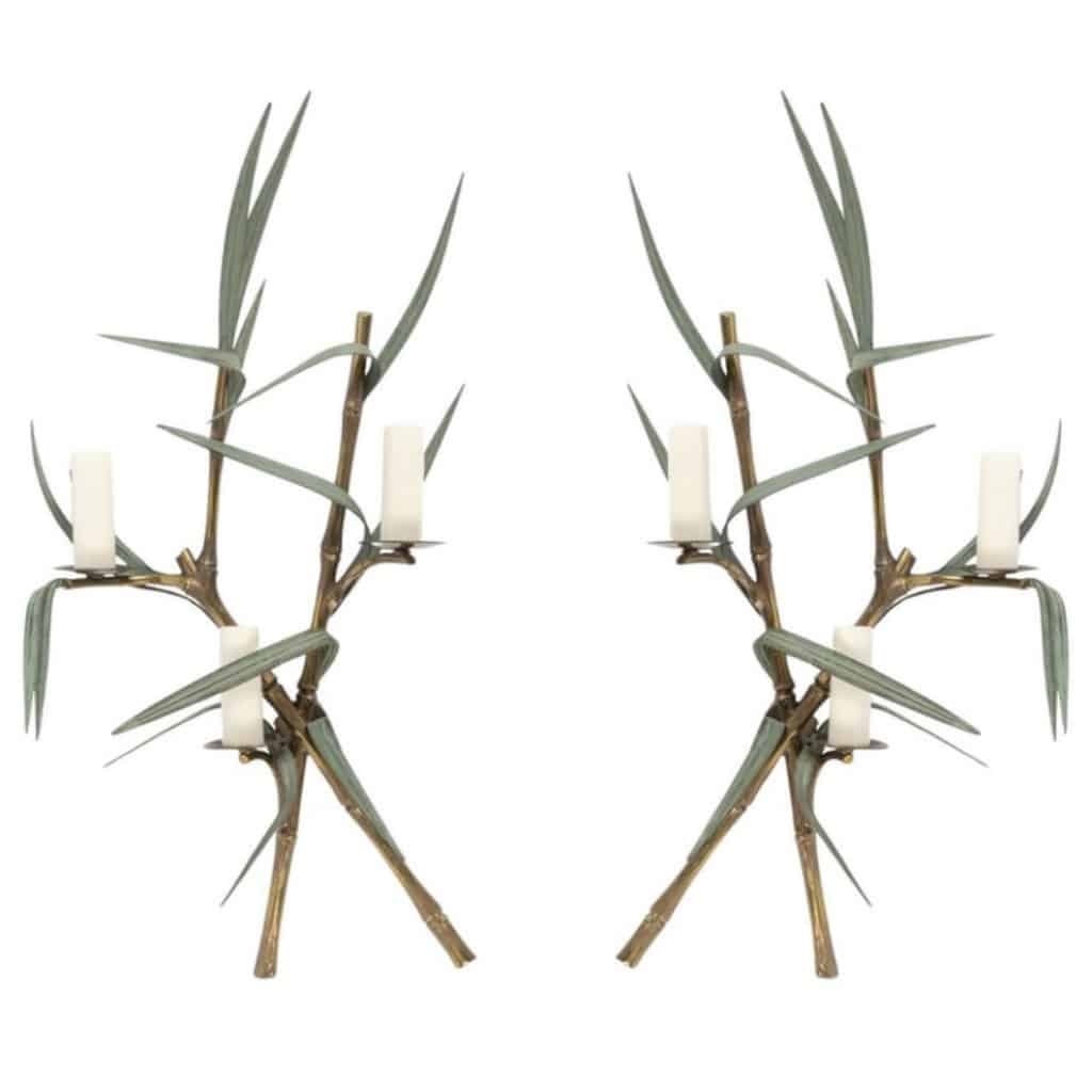 1960 Paire rare d’appliques murales en bronze modèle bambou signées Maison Charles 2