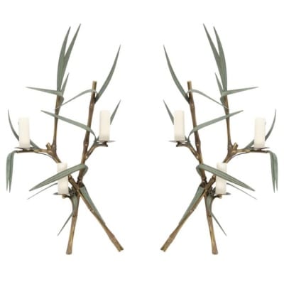 1960 Paire rare d’appliques murales en bronze modèle bambou signées Maison Charles