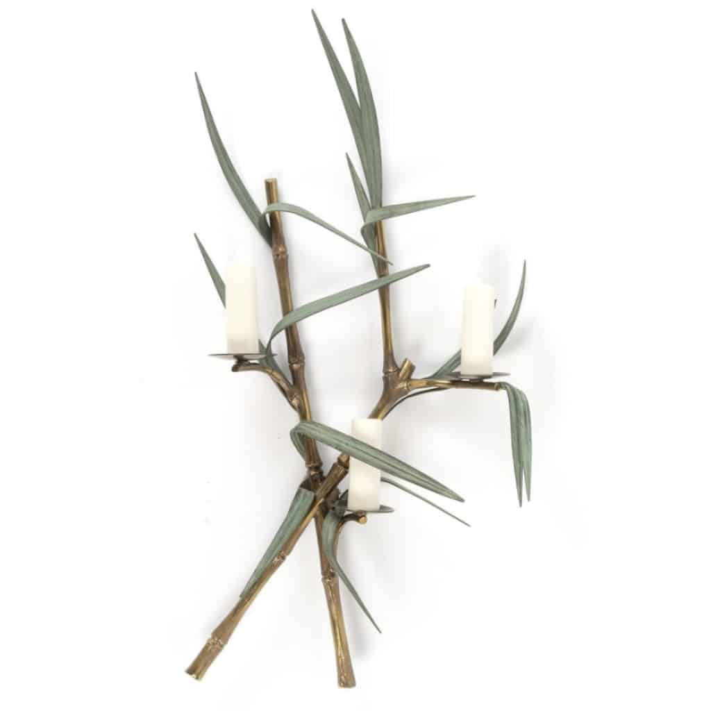 1960 Paire rare d’appliques murales en bronze modèle bambou signées Maison Charles 6