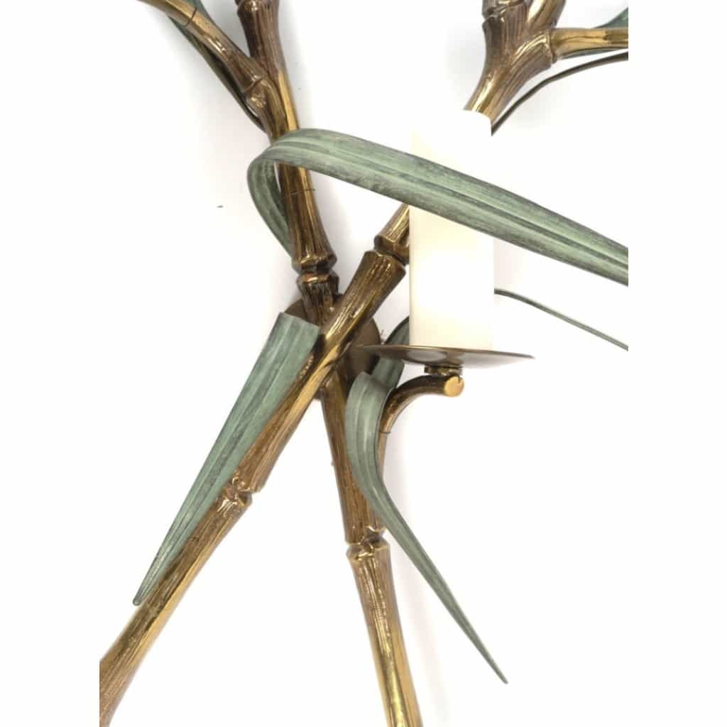 1960 Paire rare d’appliques murales en bronze modèle bambou signées Maison Charles 9