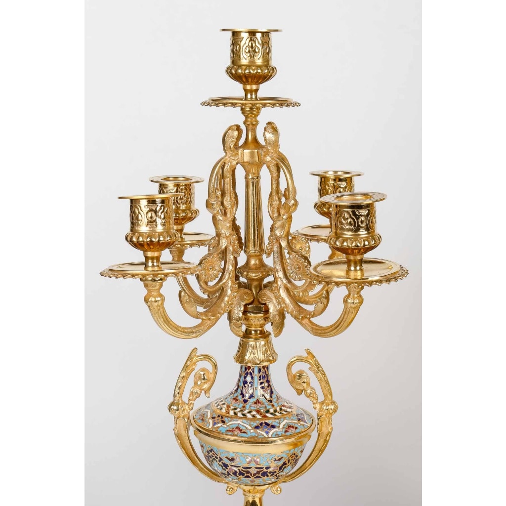 Garniture De Cheminée En Bronze Doré Et émail Cloisonné Fin XIXème Siècle 20