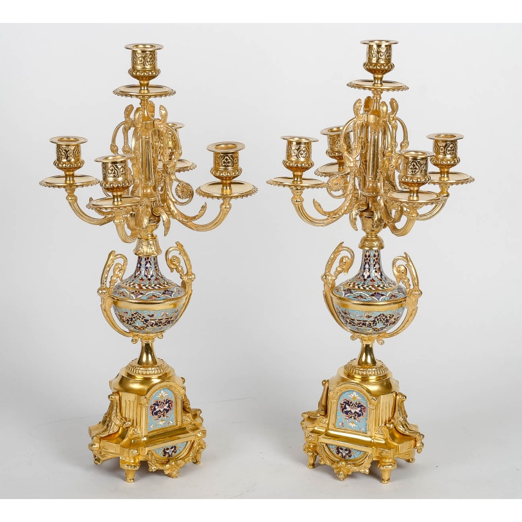 Garniture De Cheminée En Bronze Doré Et émail Cloisonné Fin XIXème Siècle 3