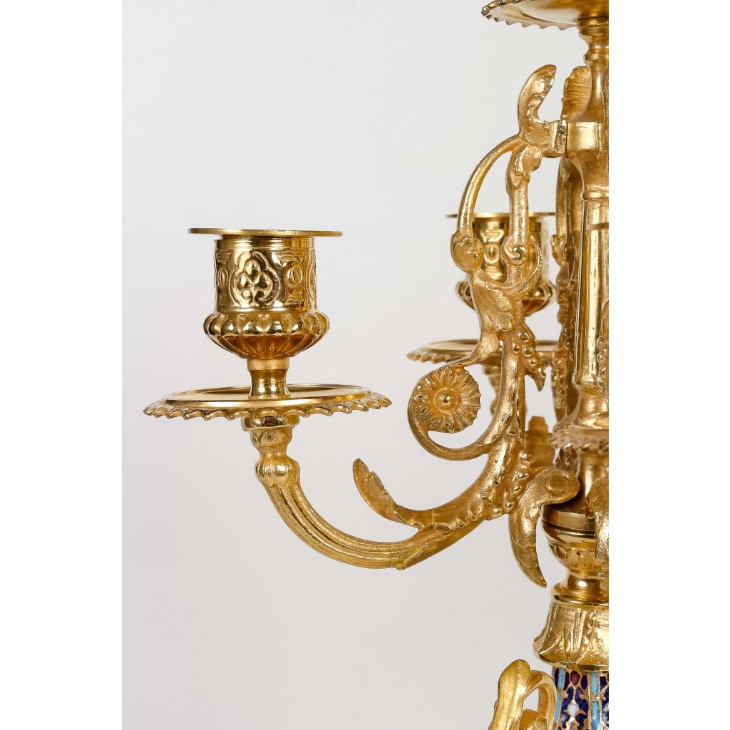 Garniture De Cheminée En Bronze Doré Et émail Cloisonné Fin XIXème Siècle 5