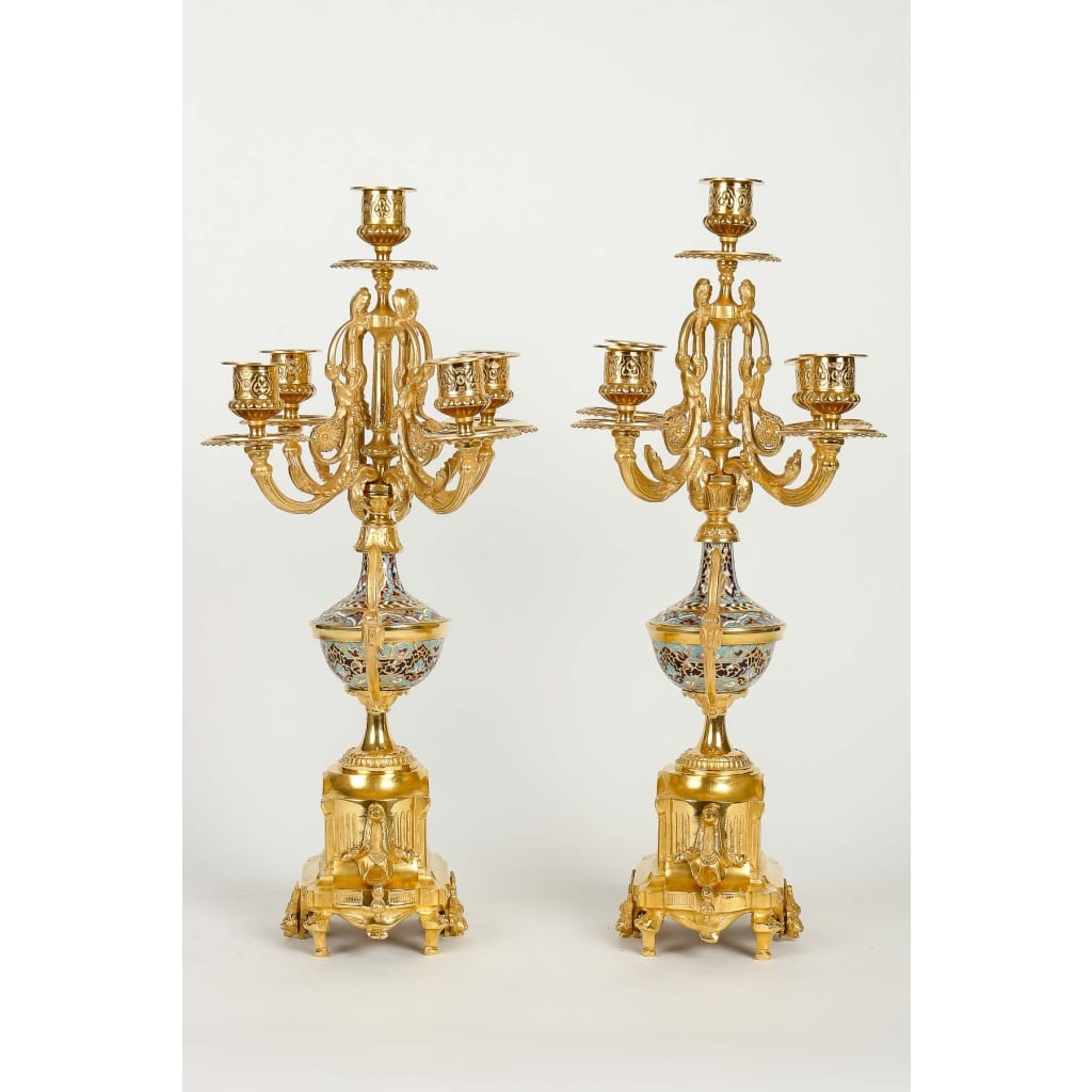 Garniture De Cheminée En Bronze Doré Et émail Cloisonné Fin XIXème Siècle 10