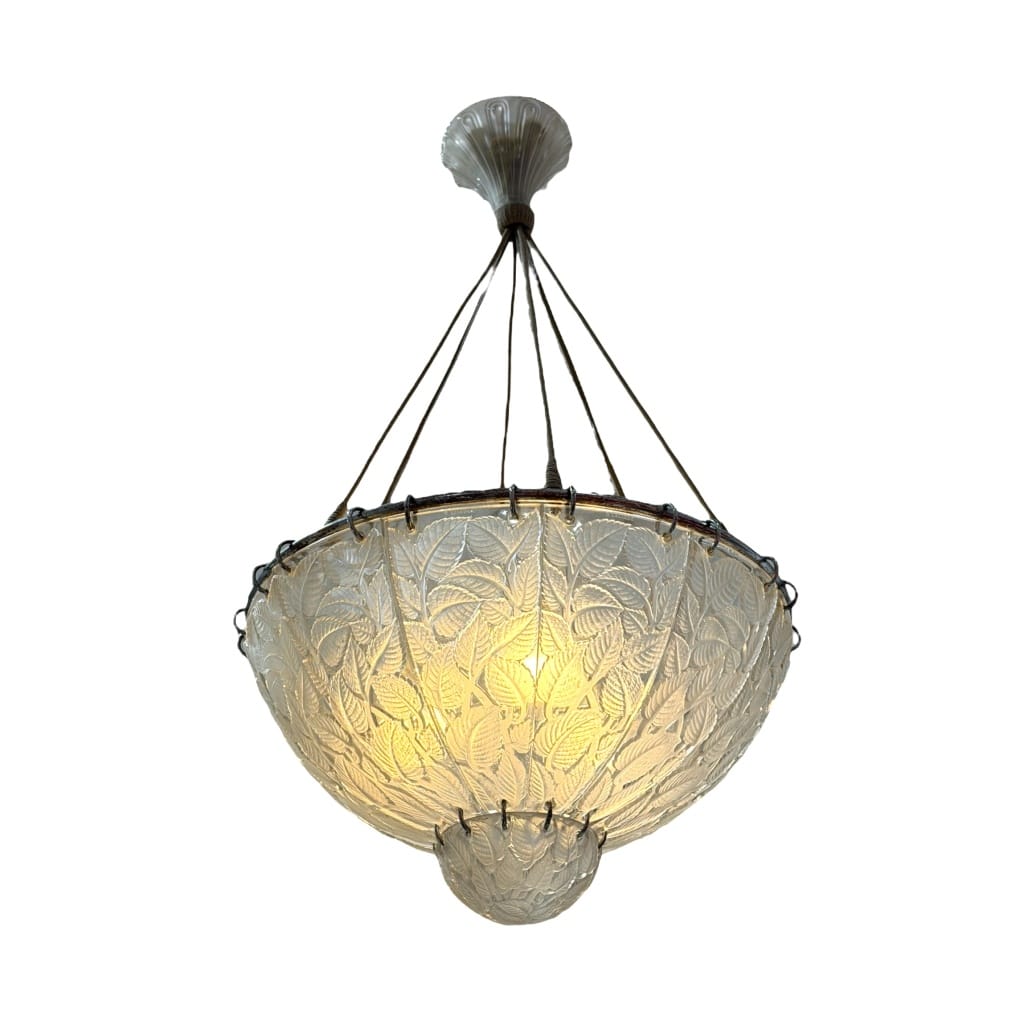 Lustre « Feuilles de Charme » verre blanc de René LALIQUE 5 Lustre « Feuilles de Charme » verre blanc de René LALIQUE 5