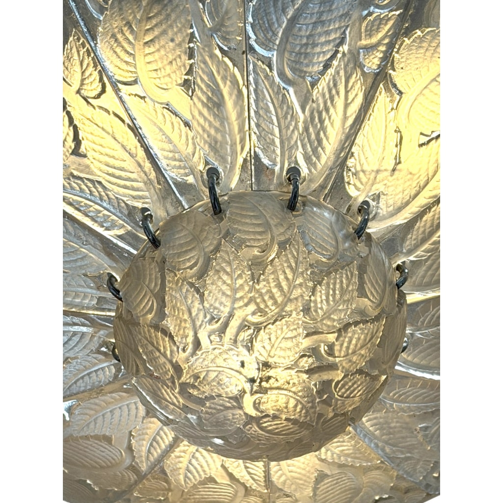 Lustre « Feuilles de Charme » verre blanc de René LALIQUE 8 Lustre « Feuilles de Charme » verre blanc de René LALIQUE 8