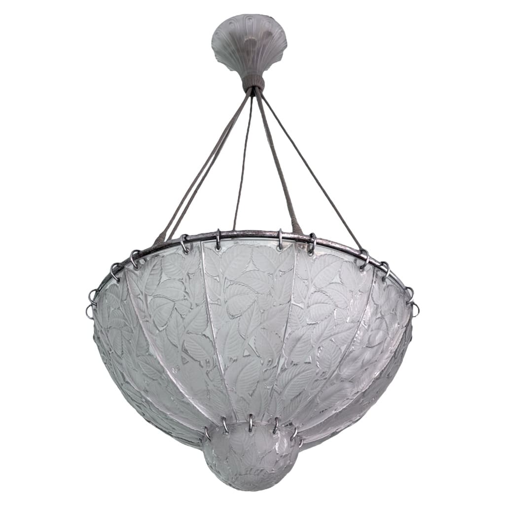 Lustre « Feuilles de Charme » verre blanc de René LALIQUE 3 Lustre « Feuilles de Charme » verre blanc de René LALIQUE 3