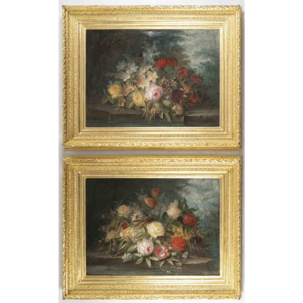 Paire de tableaux de fleurs signés « Jullien » – 1878 Huile sur toile – cadres d’origine en bois doré 2