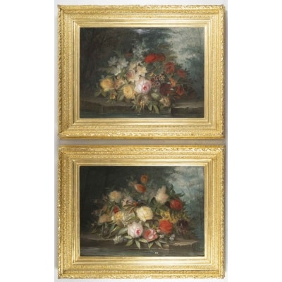 Paire de tableaux de fleurs signés « Jullien » – 1878 Huile sur toile – cadres d’origine en bois doré