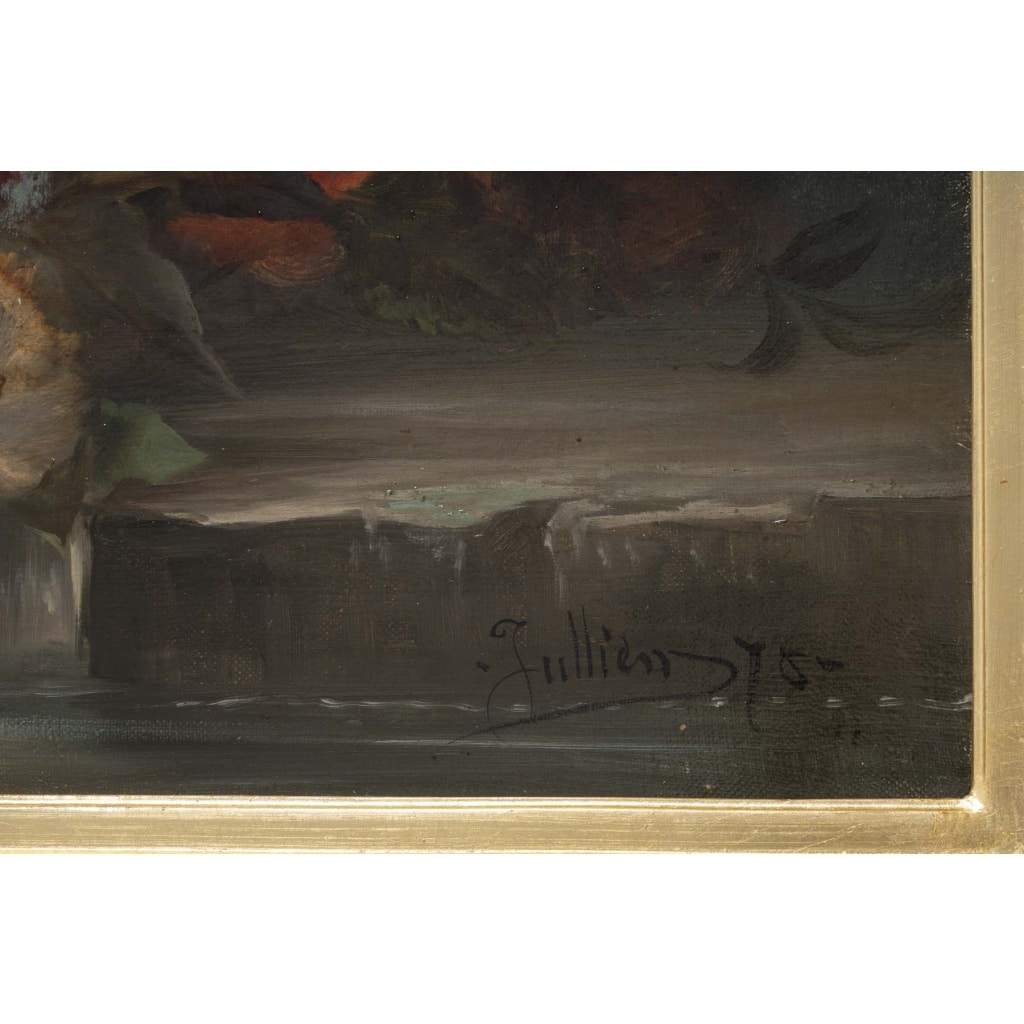 Paire de tableaux de fleurs signés « Jullien » – 1878 Huile sur toile – cadres d’origine en bois doré 7