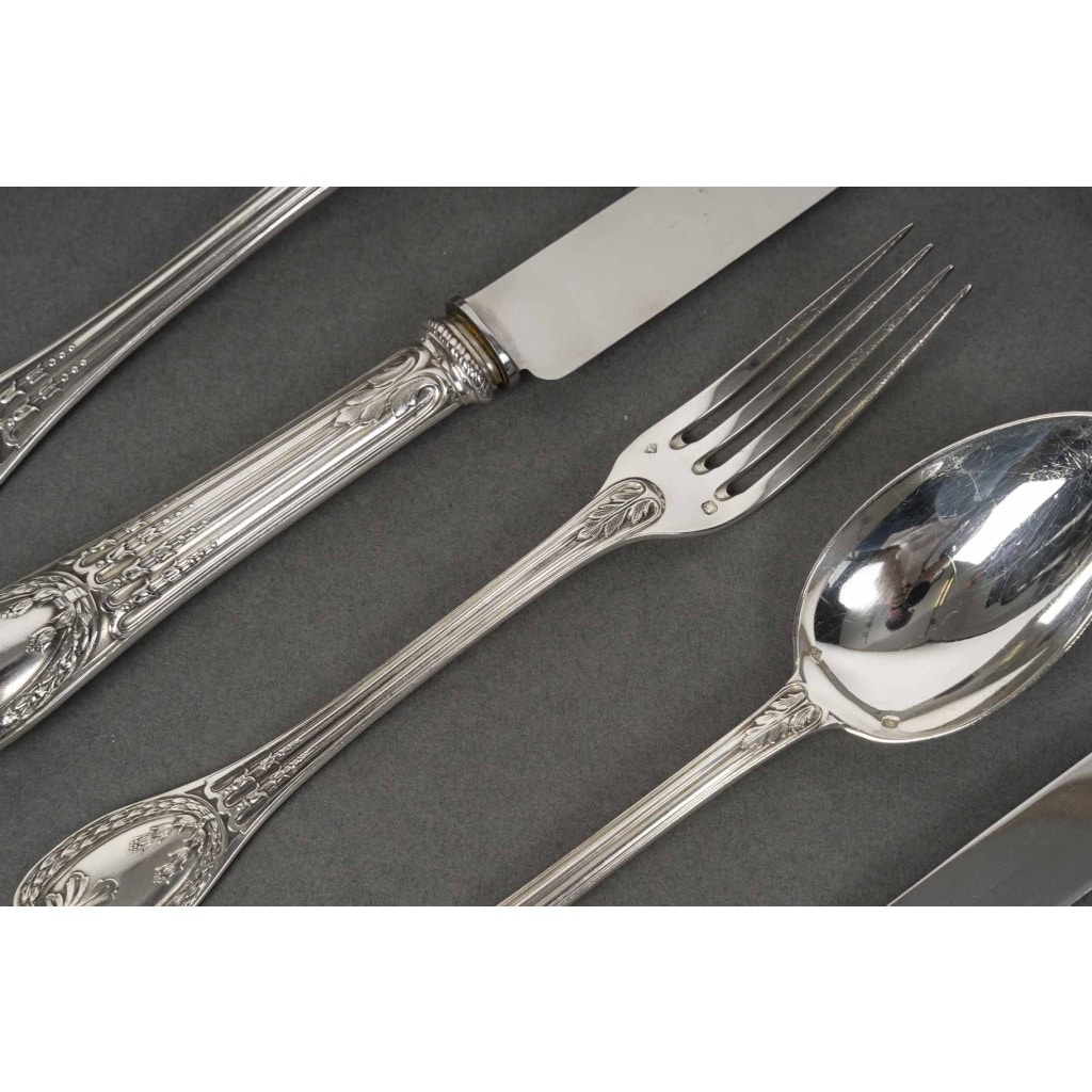 ODIOT Ménagère modèle « LOUVECIENNES » 99 pièces Argent massif XXème 24