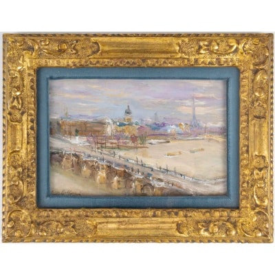 Serge Belloni (1925-2005) La Crue de la Seine vue du Pont-Neuf huile sur bois vers 1979