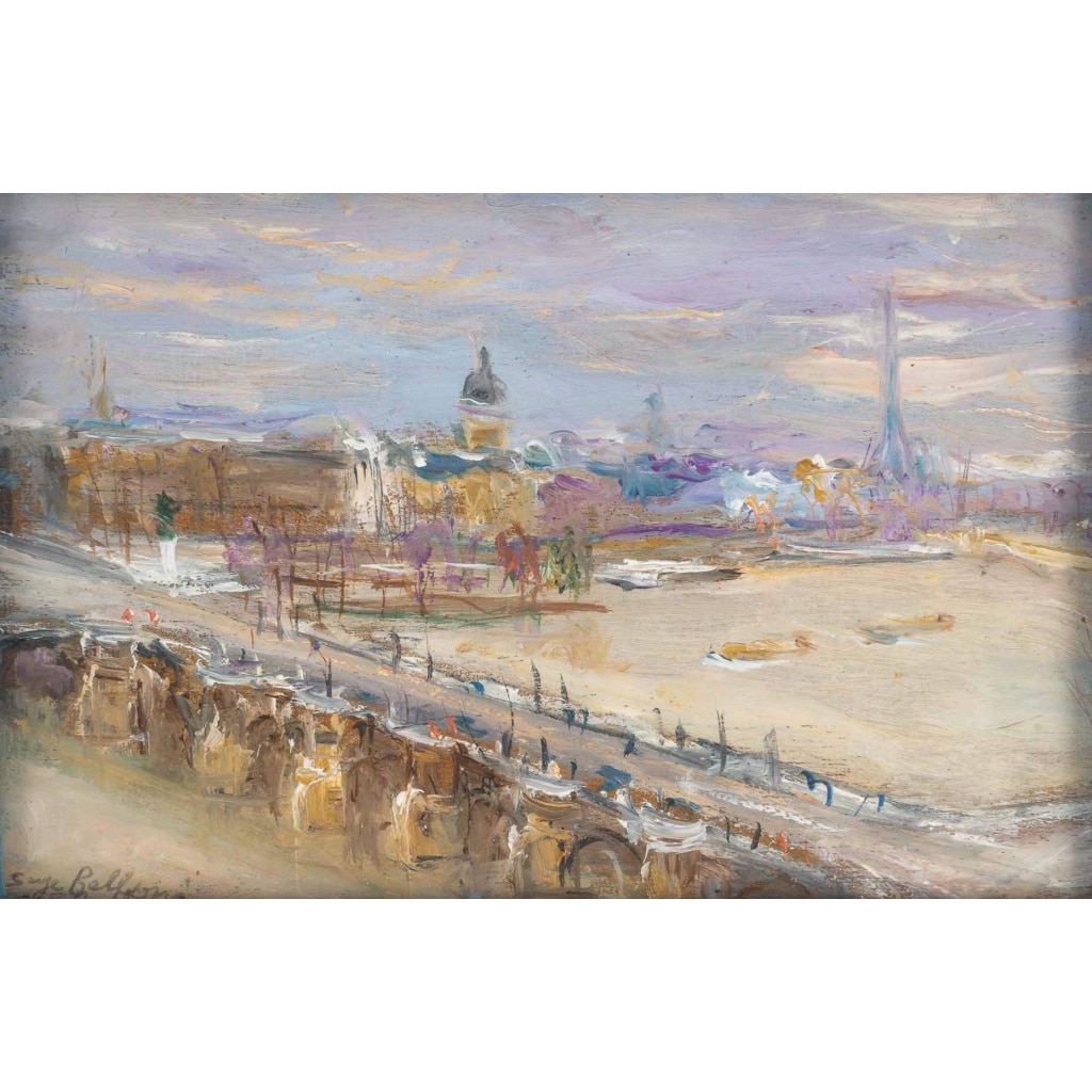 Serge Belloni (1925-2005) La Crue de la Seine vue du Pont-Neuf huile sur bois vers 1979 3