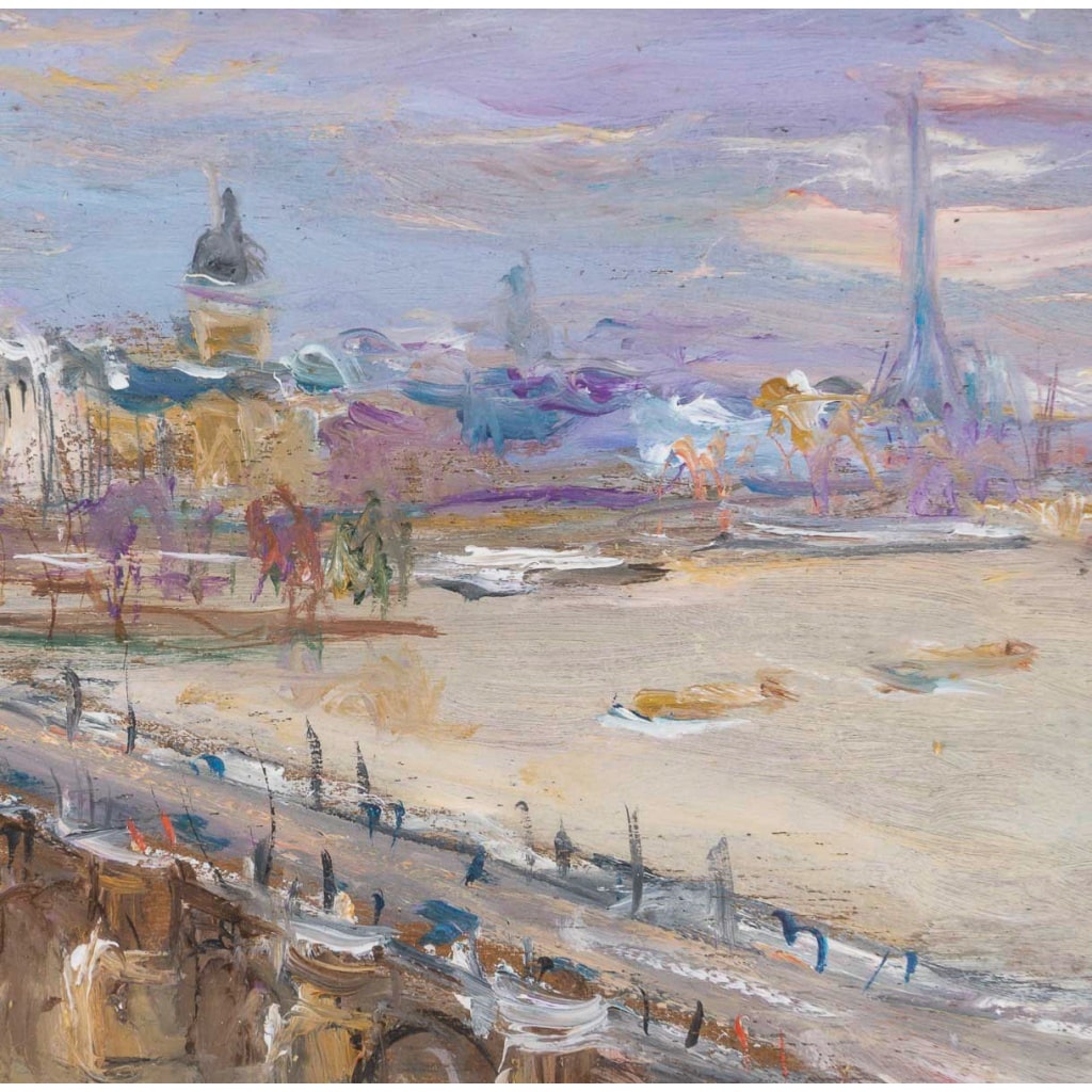 Serge Belloni (1925-2005) La Crue de la Seine vue du Pont-Neuf huile sur bois vers 1979 6