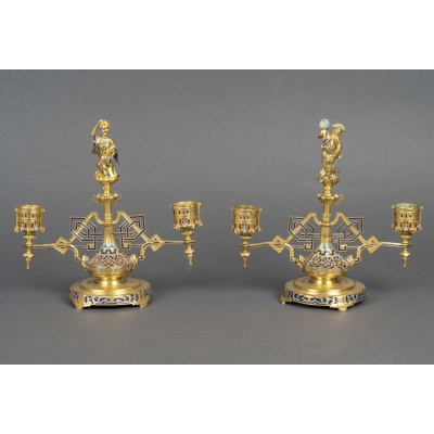 Paire de bougeoirs en bronze doré japonisant, France fin du XIXème siècle