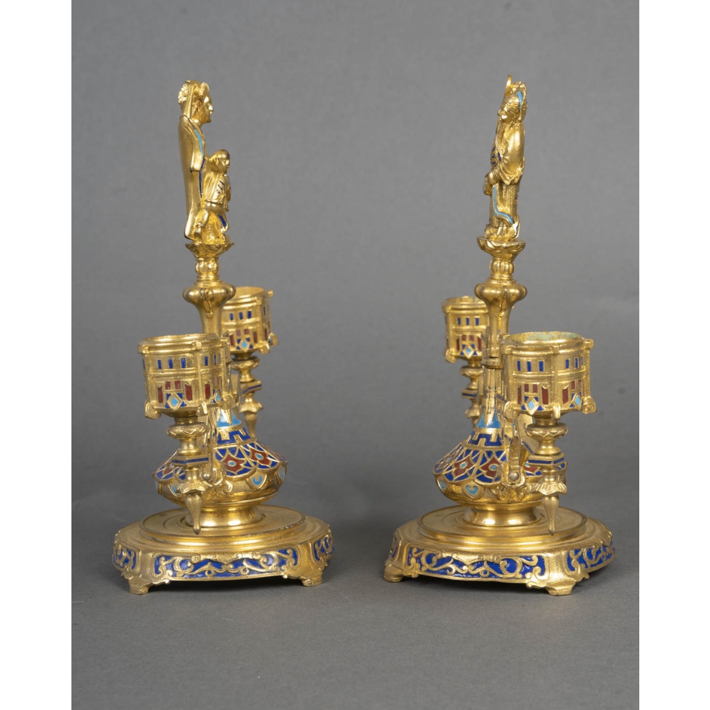 Paire de bougeoirs en bronze doré japonisant, France fin du XIXème siècle 13