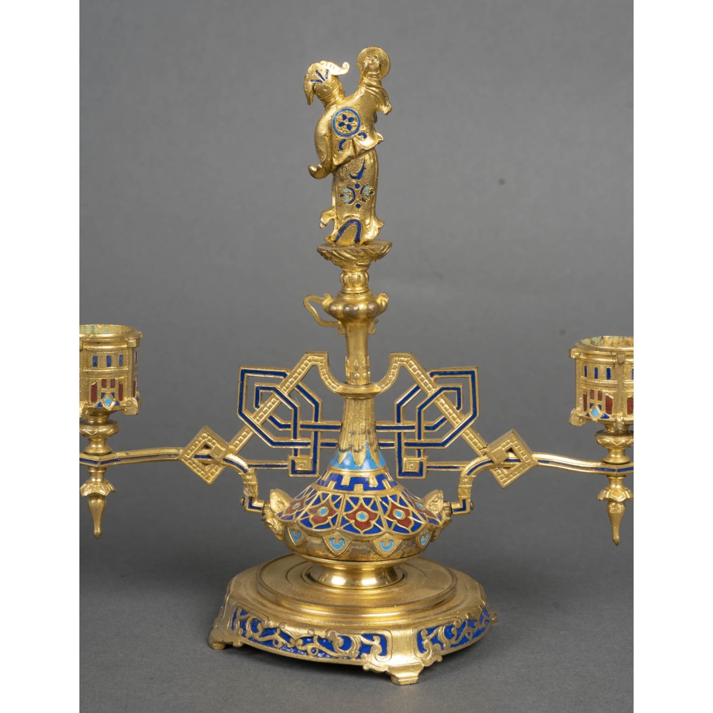 Paire de bougeoirs en bronze doré japonisant, France fin du XIXème siècle 8