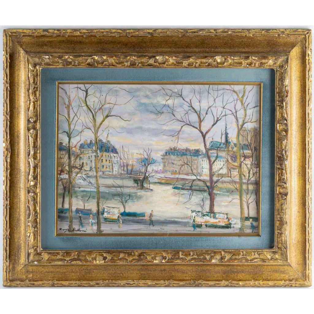 Serge Belloni (1925-2005) – Les Quais de Paris, l’Île Saint-Louis et les Bouquinistes huile sur bois vers 1980 2