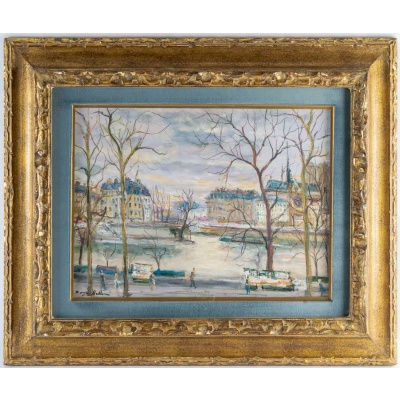Serge Belloni (1925-2005) – Les Quais de Paris, l’Île Saint-Louis et les Bouquinistes huile sur bois vers 1980 2