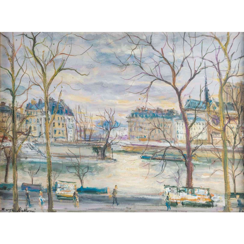 Serge Belloni (1925-2005) – Les Quais de Paris, l’Île Saint-Louis et les Bouquinistes huile sur bois vers 1980 3