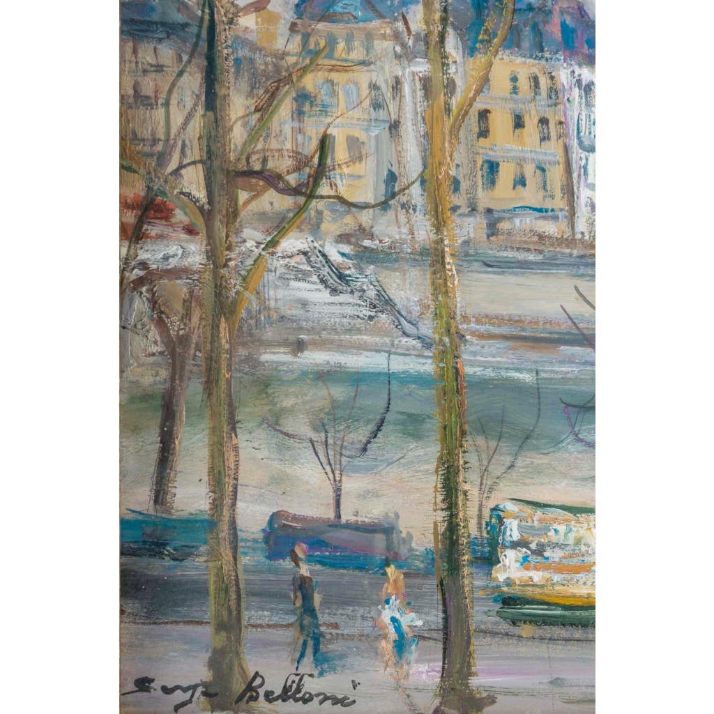 Serge Belloni (1925-2005) – Les Quais de Paris, l’Île Saint-Louis et les Bouquinistes huile sur bois vers 1980 5
