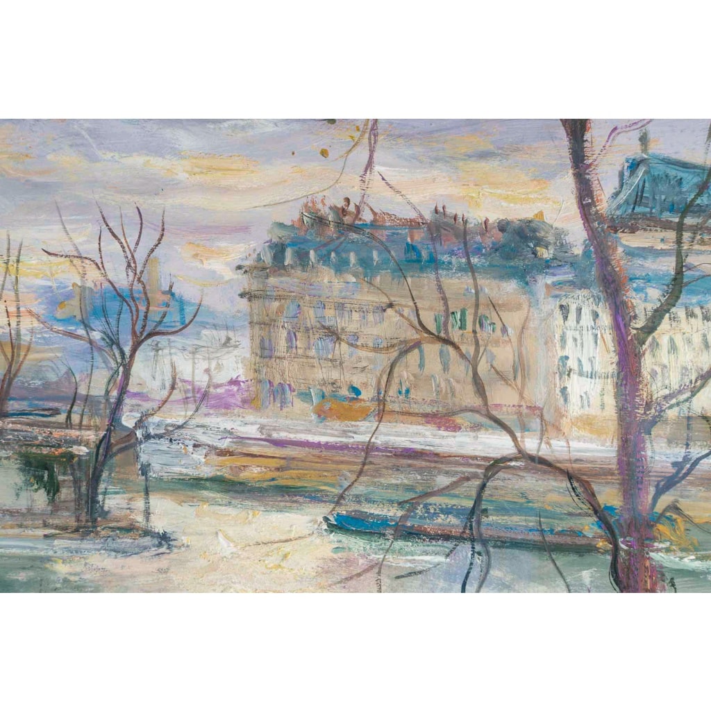 Serge Belloni (1925-2005) – Les Quais de Paris, l’Île Saint-Louis et les Bouquinistes huile sur bois vers 1980 8