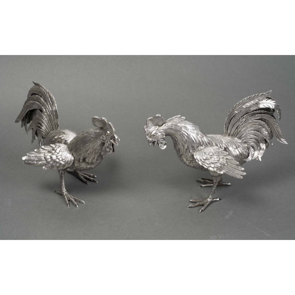 Orfèvre ESCHWEGE Paire de coqs combattant en argent massif circa 1950 3 Orfèvre ESCHWEGE Paire de coqs combattant en argent massif circa 1950 3