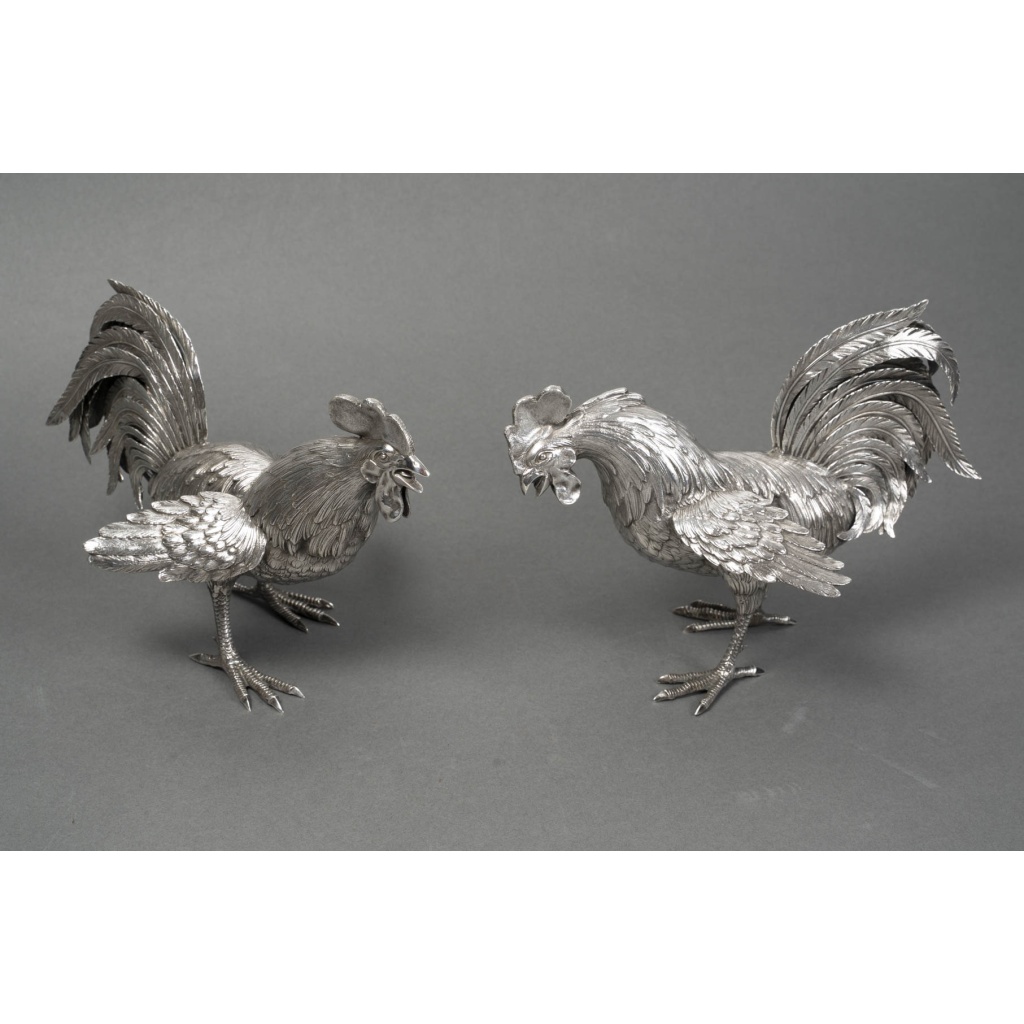 Orfèvre ESCHWEGE Paire de coqs combattant en argent massif circa 1950 4 Orfèvre ESCHWEGE Paire de coqs combattant en argent massif circa 1950 4