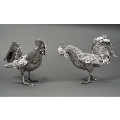 Orfèvre ESCHWEGE Paire de coqs combattant en argent massif circa 1950