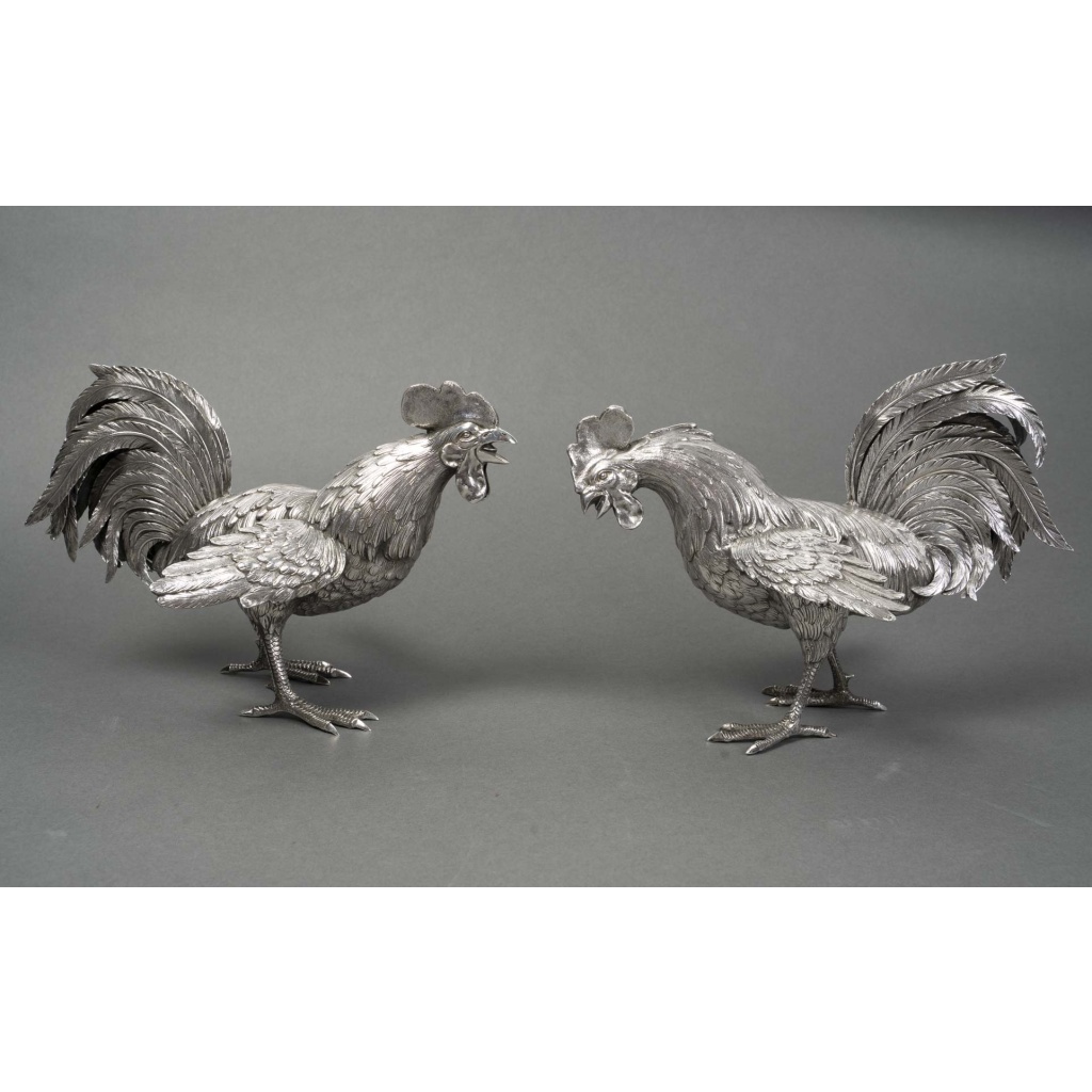 Orfèvre ESCHWEGE Paire de coqs combattant en argent massif circa 1950 7 Orfèvre ESCHWEGE Paire de coqs combattant en argent massif circa 1950 7