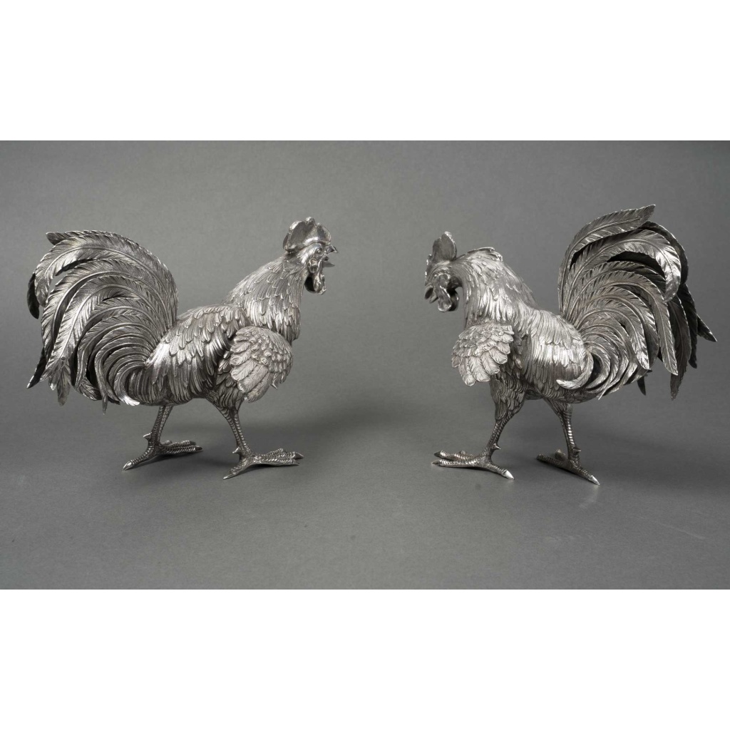 Orfèvre ESCHWEGE Paire de coqs combattant en argent massif circa 1950 12 Orfèvre ESCHWEGE Paire de coqs combattant en argent massif circa 1950 12