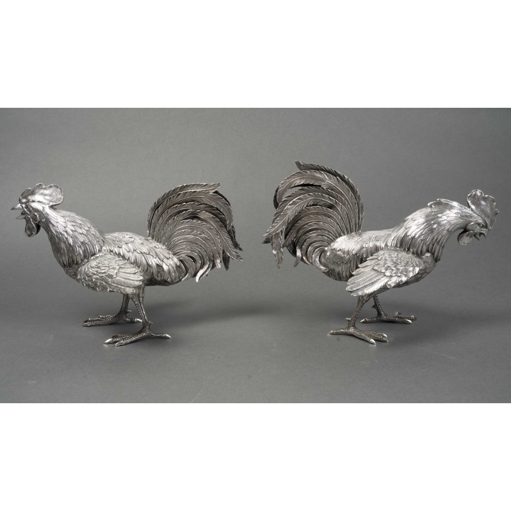Orfèvre ESCHWEGE Paire de coqs combattant en argent massif circa 1950 14 Orfèvre ESCHWEGE Paire de coqs combattant en argent massif circa 1950 14