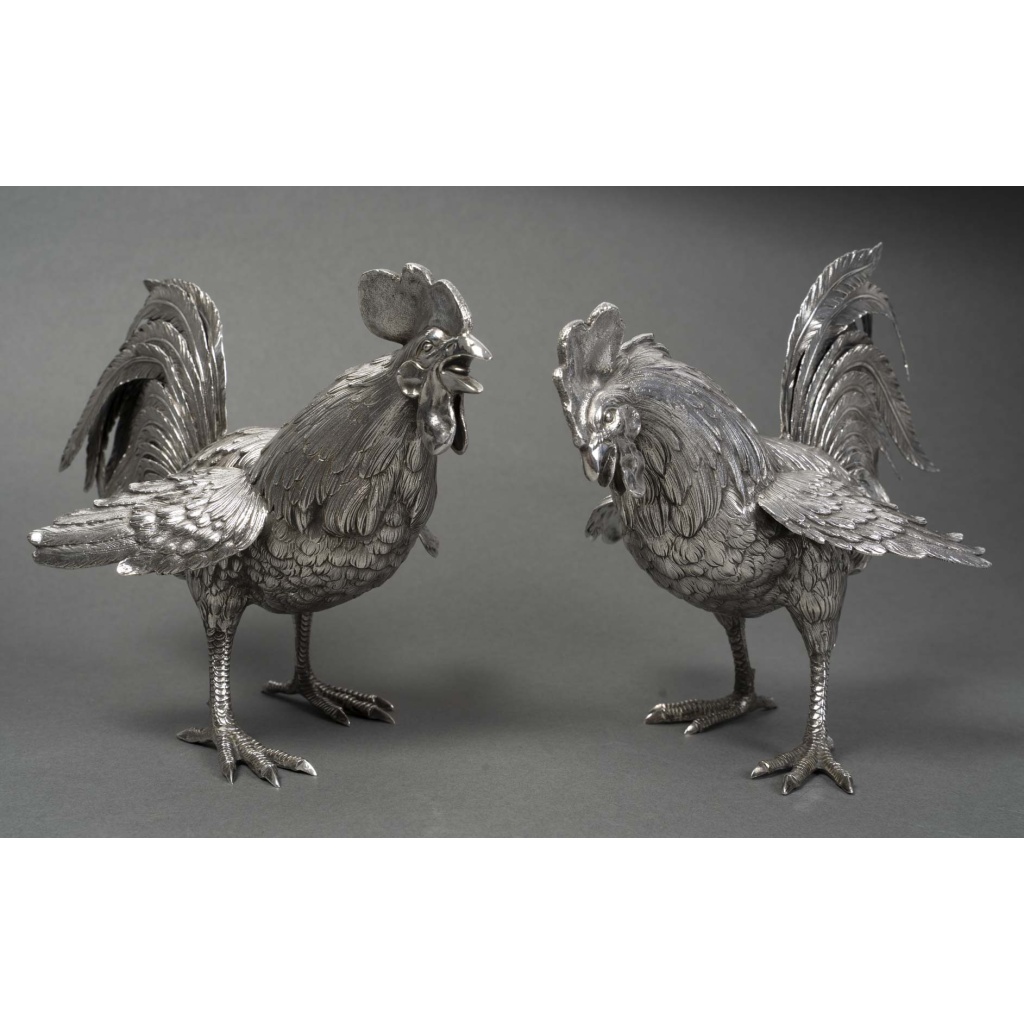 Orfèvre ESCHWEGE Paire de coqs combattant en argent massif circa 1950 17 Orfèvre ESCHWEGE Paire de coqs combattant en argent massif circa 1950 17