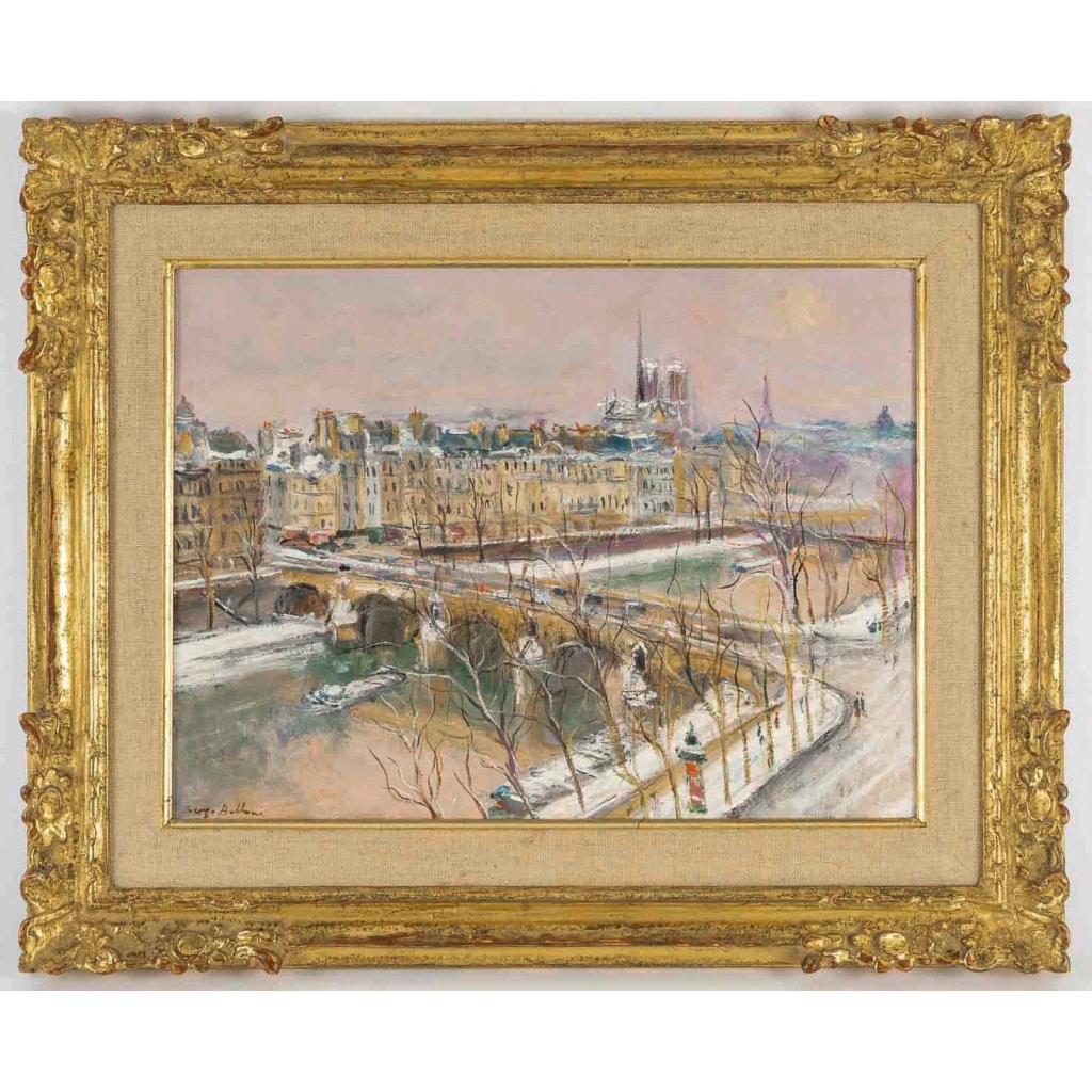 Serge Belloni (1925-2005) – Le Pont Marie, l’Île Saint-Louis et Notre-Dame sous la neige huile sur bois vers 1980 2