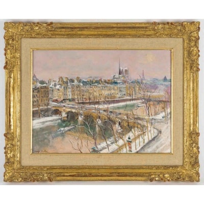 Serge Belloni (1925-2005) – Le Pont Marie, l’Île Saint-Louis et Notre-Dame sous la neige huile sur bois vers 1980