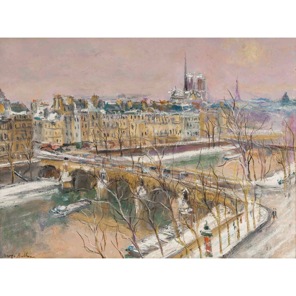 Serge Belloni (1925-2005) – Le Pont Marie, l’Île Saint-Louis et Notre-Dame sous la neige huile sur bois vers 1980 3