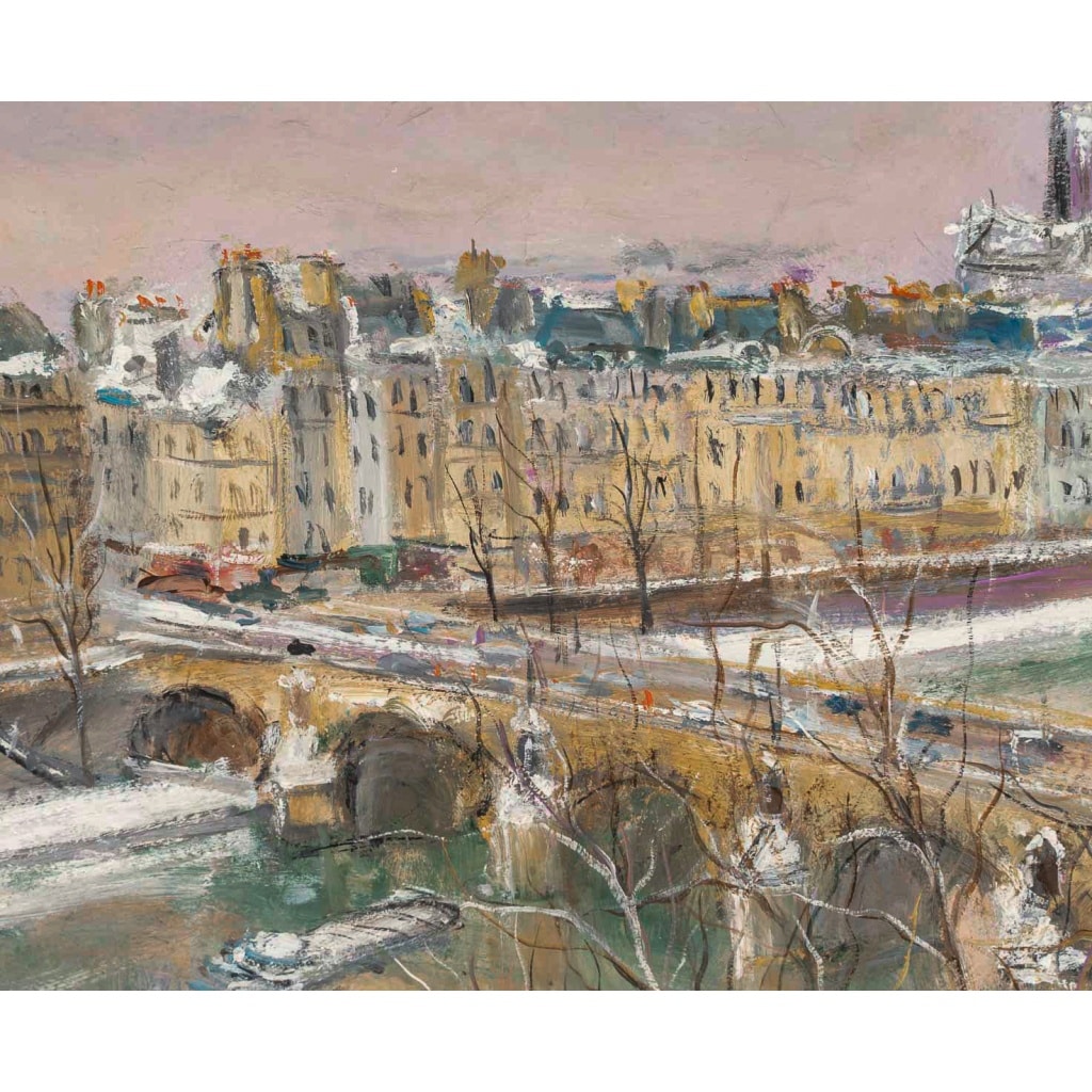 Serge Belloni (1925-2005) – Le Pont Marie, l’Île Saint-Louis et Notre-Dame sous la neige huile sur bois vers 1980 4