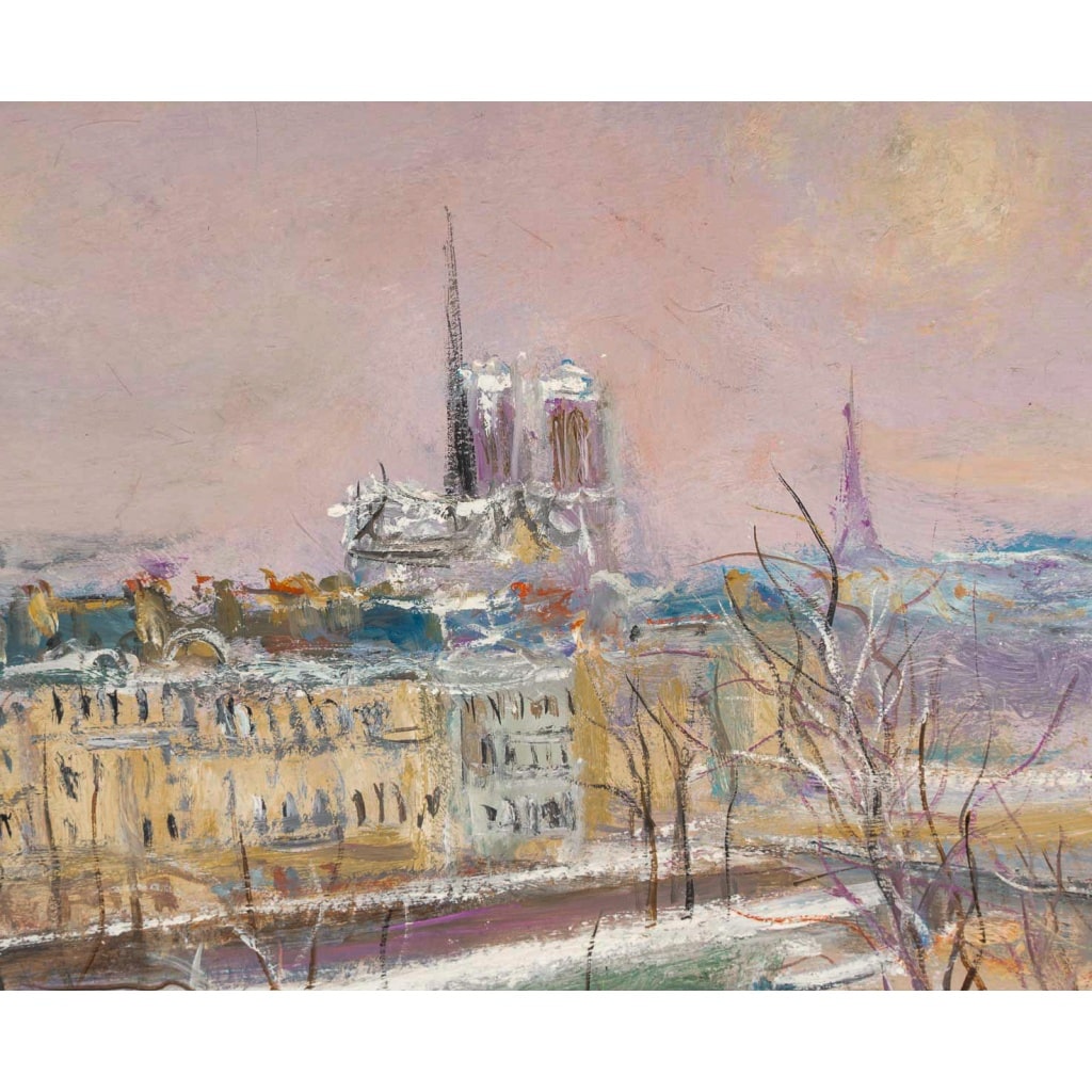 Serge Belloni (1925-2005) – Le Pont Marie, l’Île Saint-Louis et Notre-Dame sous la neige huile sur bois vers 1980 5