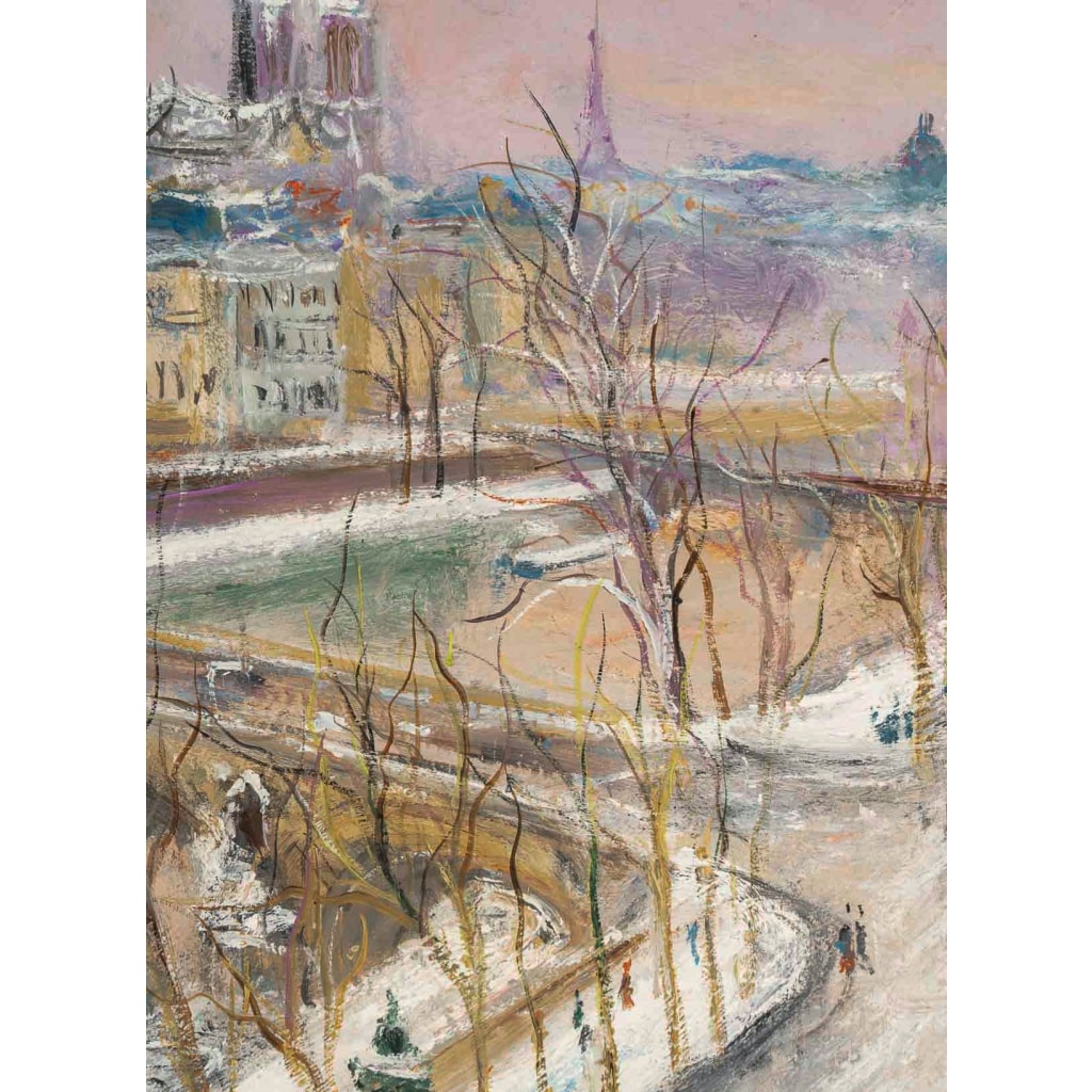 Serge Belloni (1925-2005) – Le Pont Marie, l’Île Saint-Louis et Notre-Dame sous la neige huile sur bois vers 1980 6