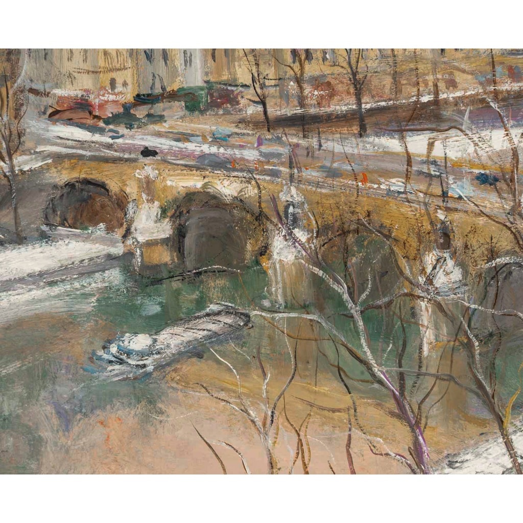 Serge Belloni (1925-2005) – Le Pont Marie, l’Île Saint-Louis et Notre-Dame sous la neige huile sur bois vers 1980 7