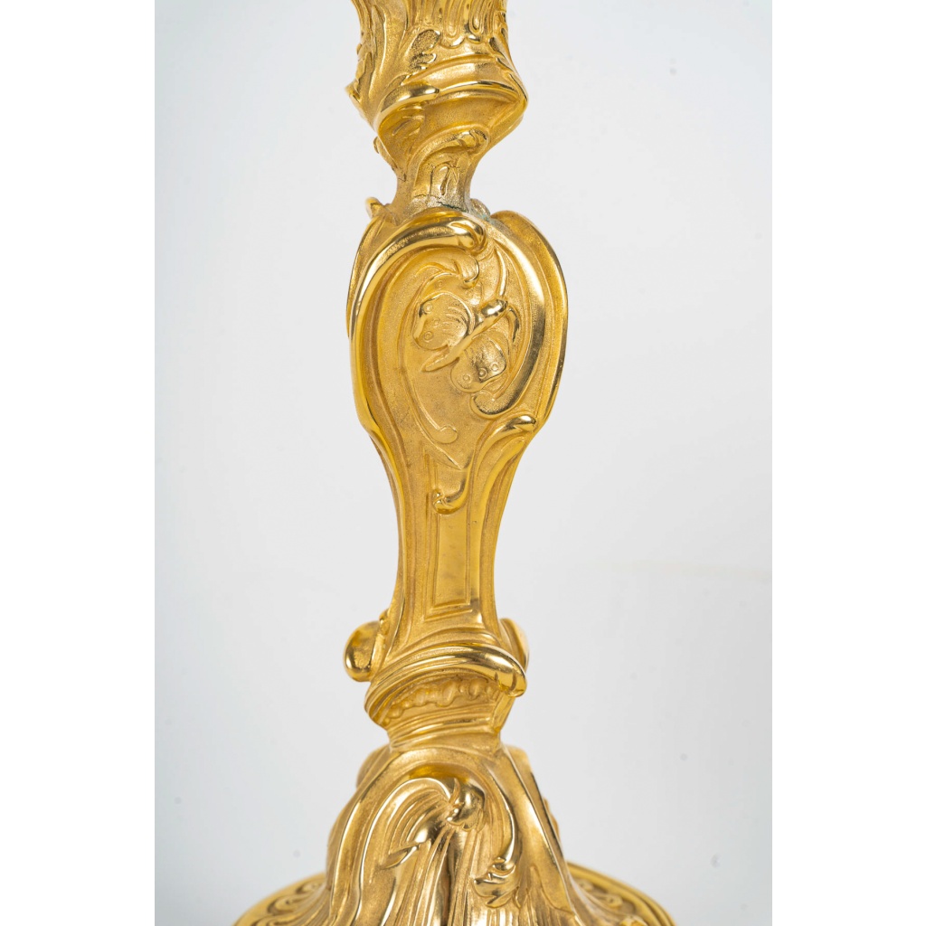 D’après Juste-Aurèle Meissonnier Paire de flambeaux de style Louis XV aux papillons en bronze doré, Montée en Lampes 9 D’après Juste-Aurèle Meissonnier Paire de flambeaux de style Louis XV aux papillons en bronze doré, Montée en Lampes 9