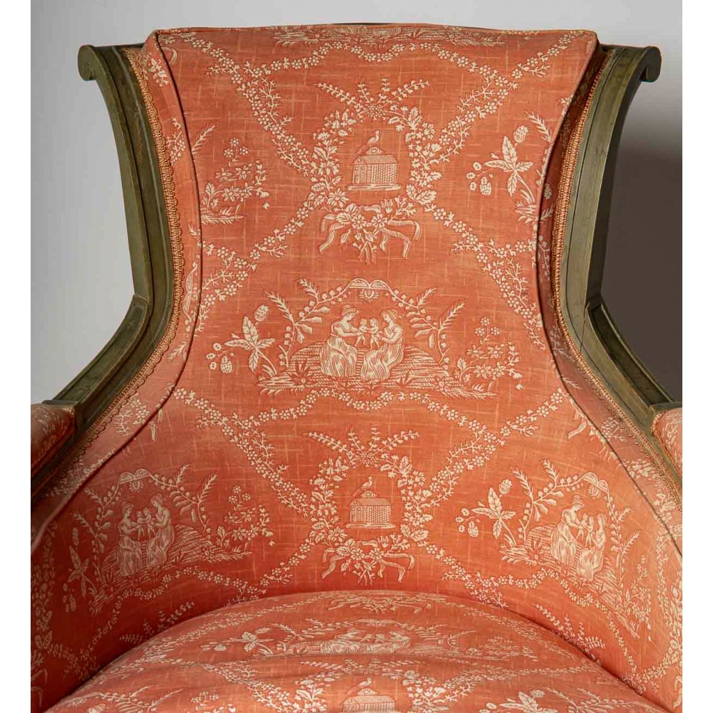 Une large Bergère de la fin du XIXeme siècle en hêtre laqué vert de style Directoire 4 Une large Bergère de la fin du XIXeme siècle en hêtre laqué vert de style Directoire 4