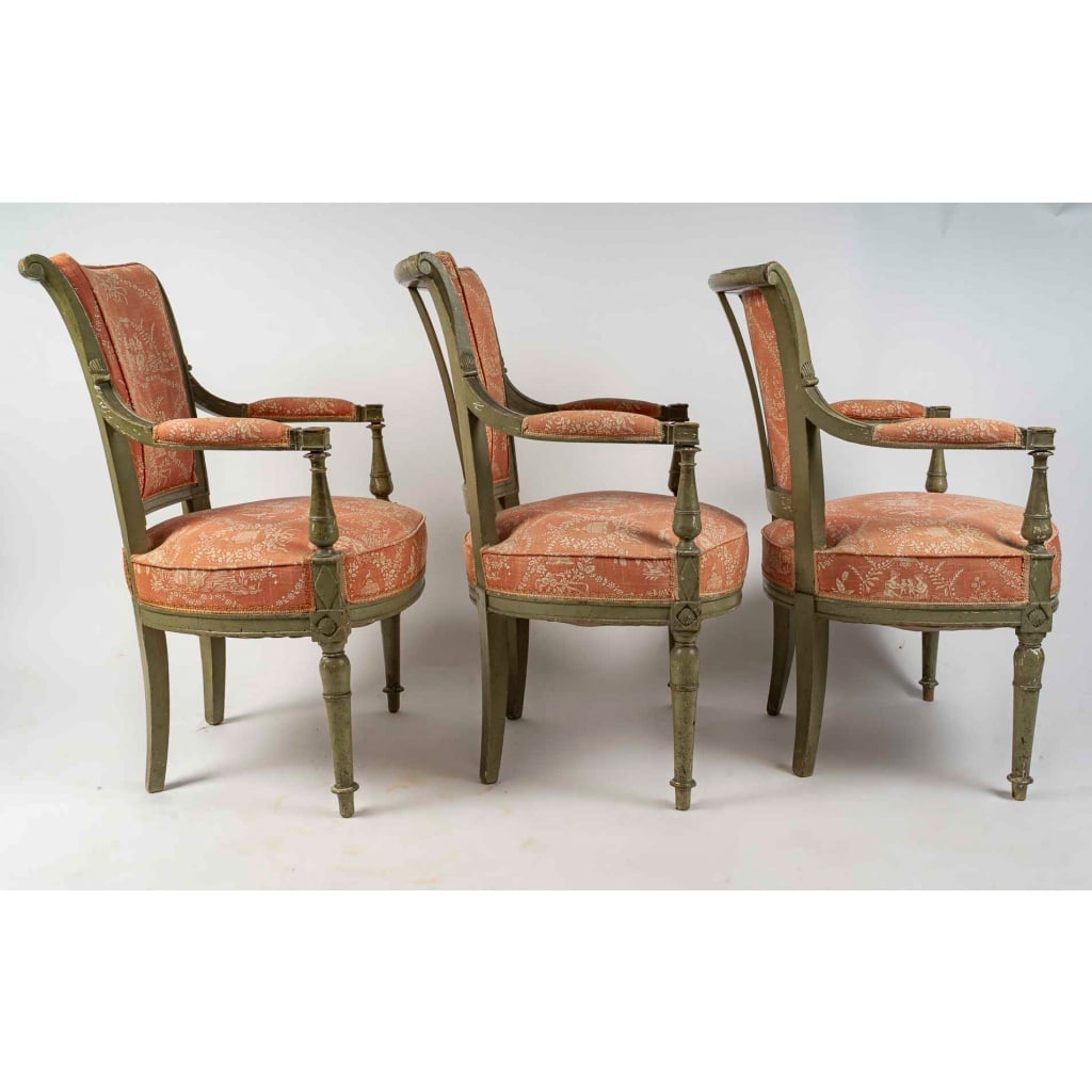 Série de trois fauteuils en hêtre laqué vert d’époque Directoire (1795-1799) 6 Série de trois fauteuils en hêtre laqué vert d’époque Directoire (1795-1799) 6