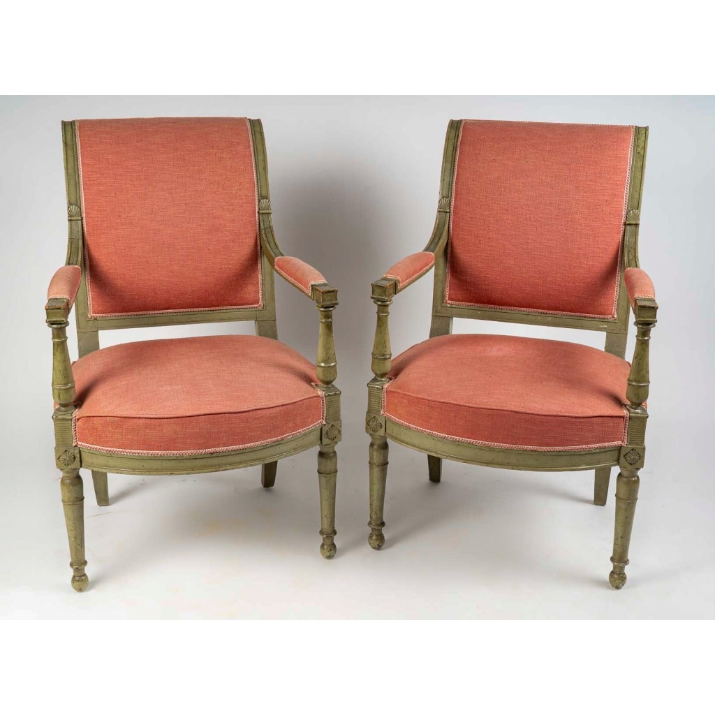 Paire de fauteuils en hêtre laqué vert d’époque Directoire (1795-1799) 3 Paire de fauteuils en hêtre laqué vert d’époque Directoire (1795-1799) 3