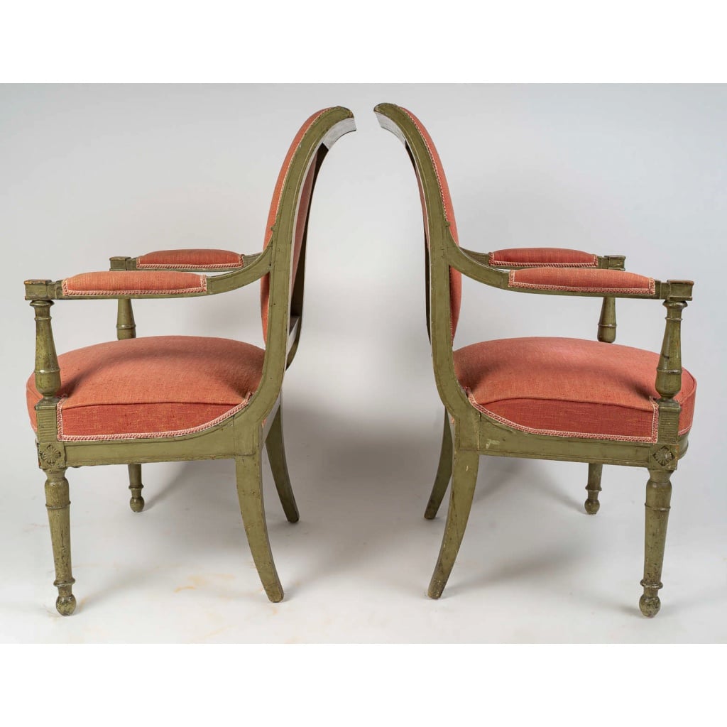 Paire de fauteuils en hêtre laqué vert d’époque Directoire (1795-1799) 6 Paire de fauteuils en hêtre laqué vert d’époque Directoire (1795-1799) 6