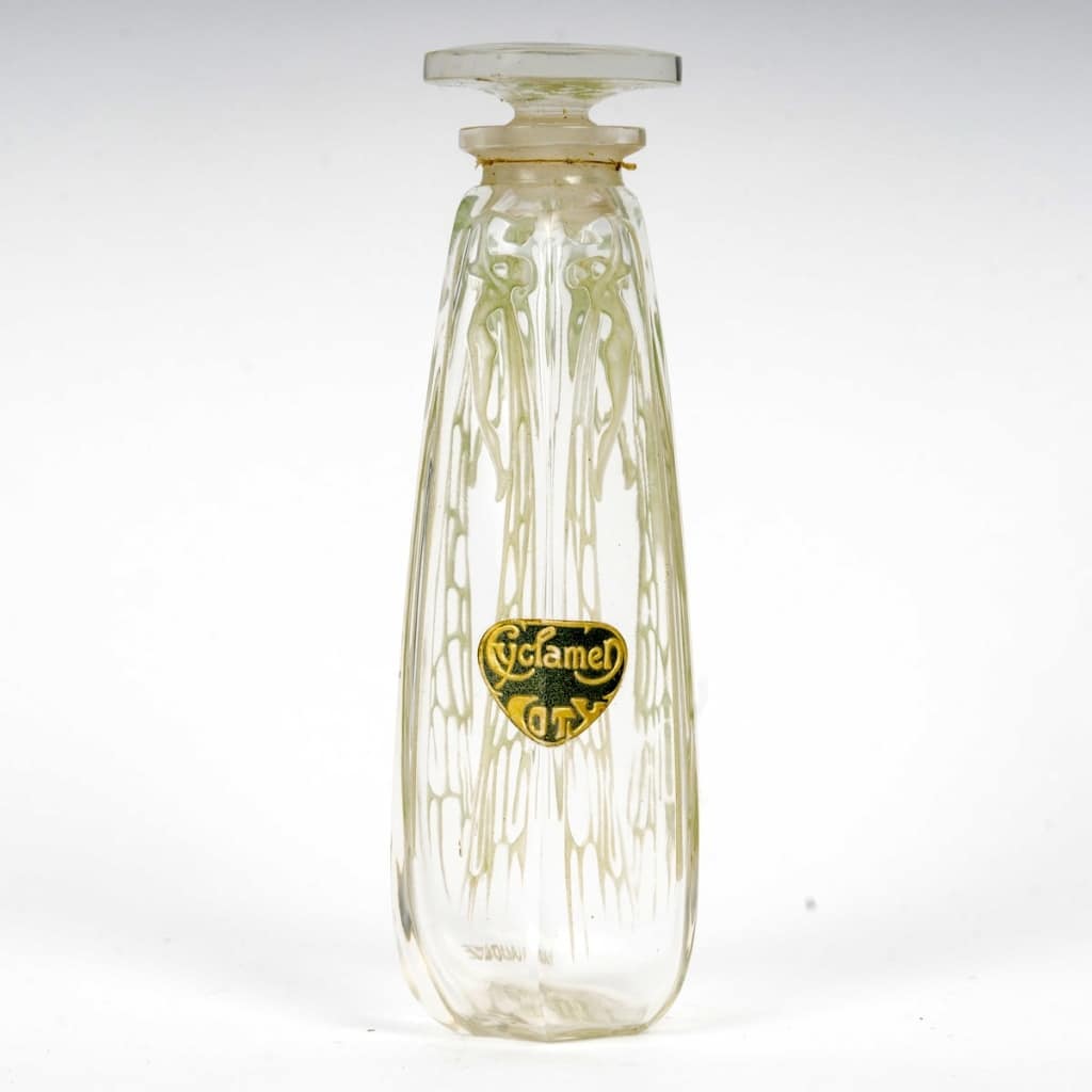 Flacon « Cyclamen » verre blanc patiné vert de René LALIQUE 6