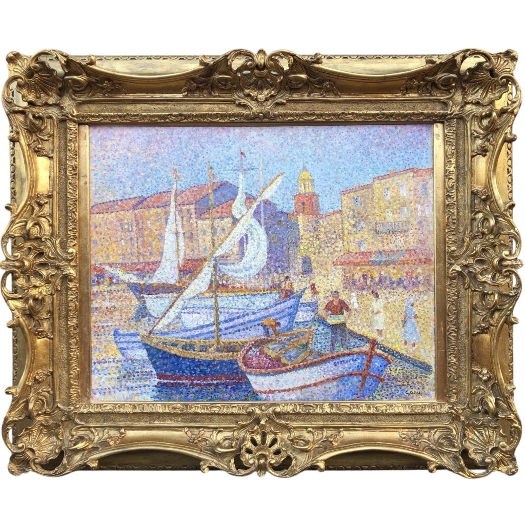 CANU Yvonne Le port de St Tropez animé Huile sur toile signée contresignée et titrée Certificat 2 CANU Yvonne Le port de St Tropez animé Huile sur toile signée contresignée et titrée Certificat 2